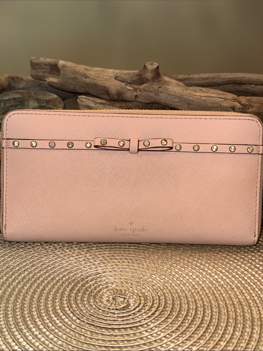 kate spade Blush Pink Zip-Around Wallet with Bow & Stud Trim